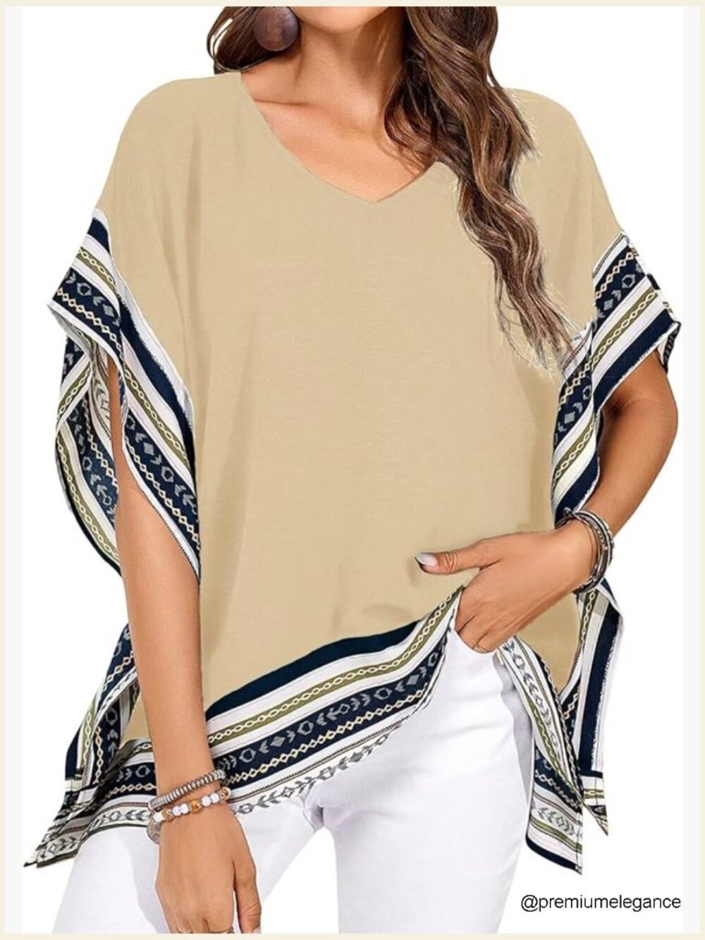 Women's Batwing Sleeve V Neck Blouse Flowy Side Slit Bohemian Top